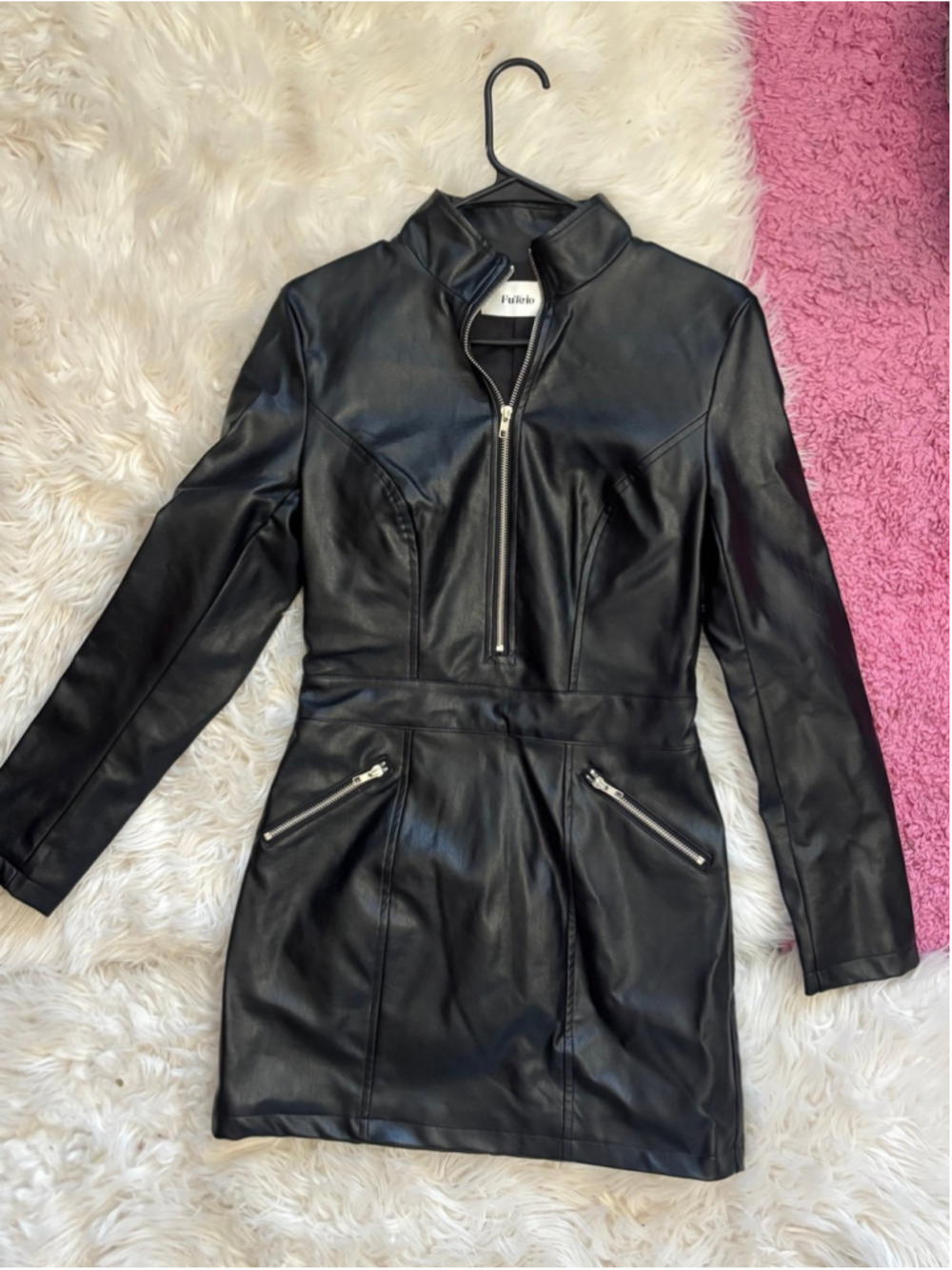 FuTario NWT Eco Leather Friendly BodyCon Extra Small mini longsleeve Dress biker